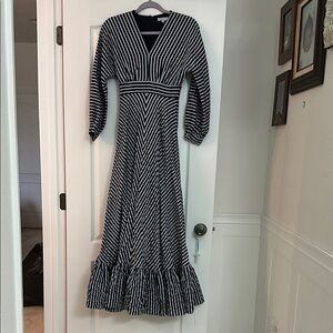 Gianni Bini Navy Blue and White Ruffled Wrap Gown